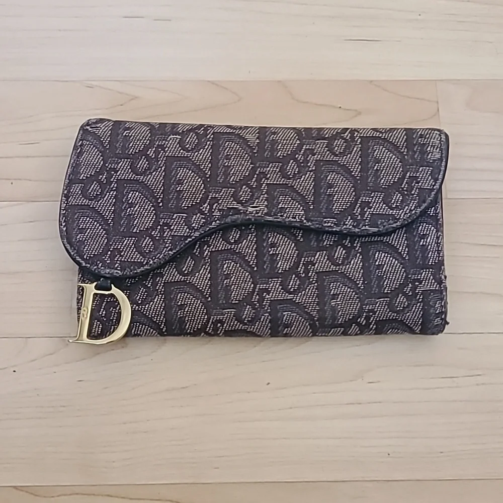 Christian Dior CD Saddle Navy Blue GHW Logo Trifold Flap Long Wallet Authentic